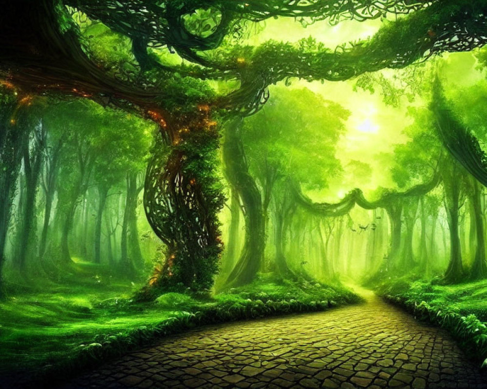 Mystical forest path with vibrant green foliage and twisted trees