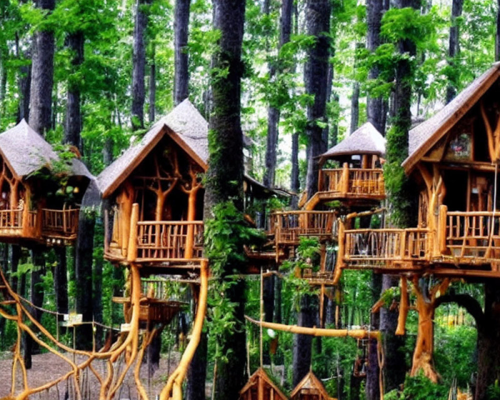 Cozy treehouses in lush forest with wooden staircases