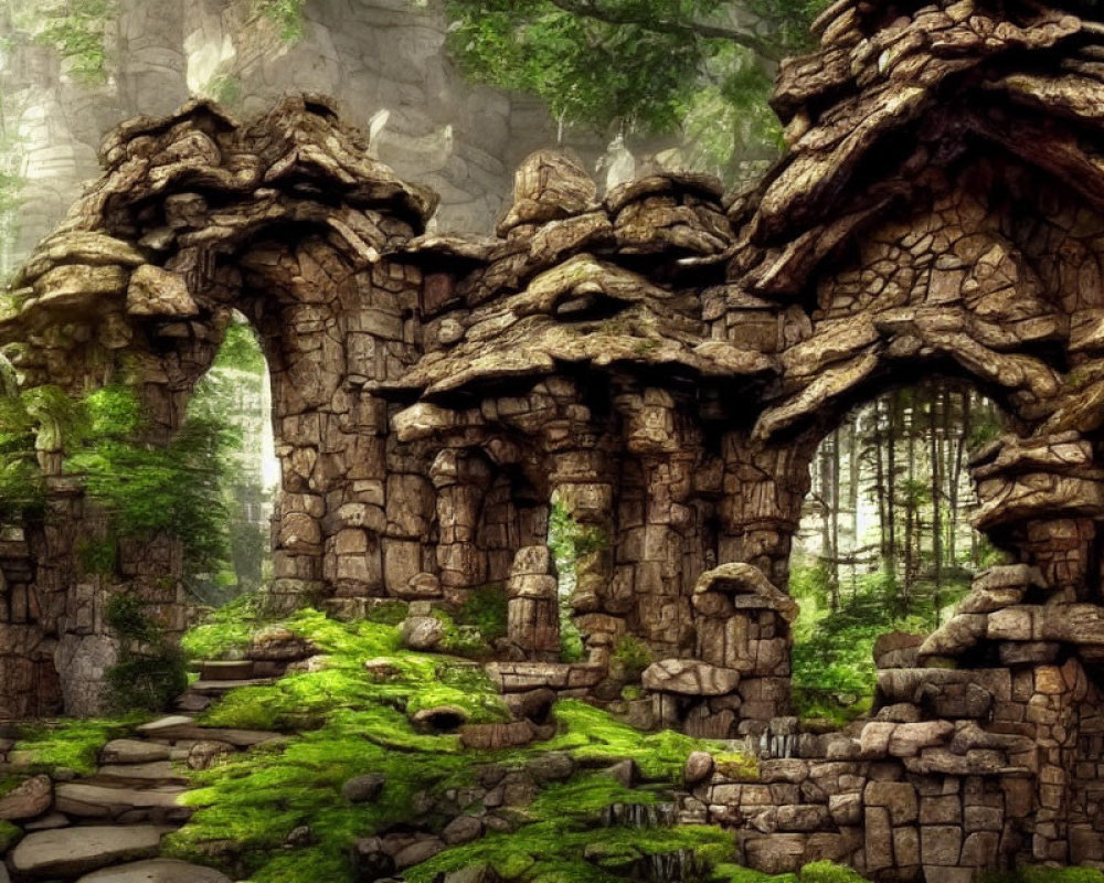 Moss-covered stone arches in lush forest with sunlight beams