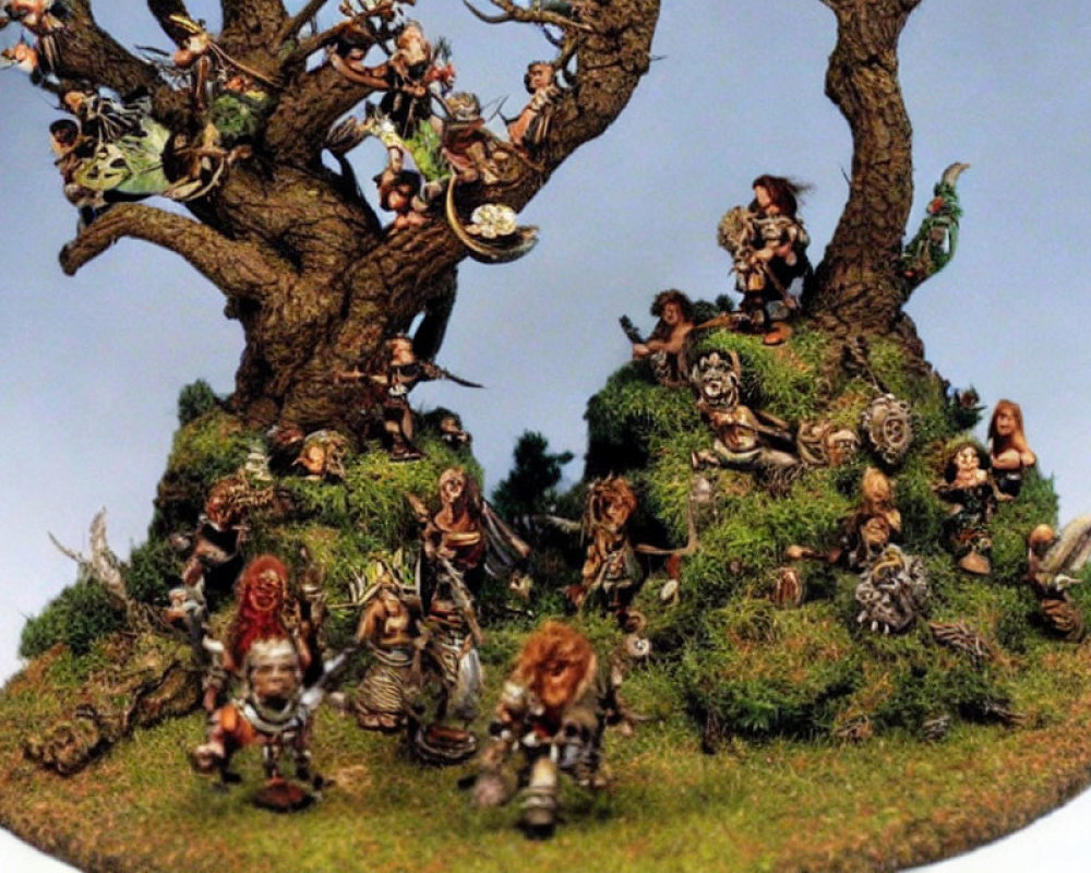 Miniature fantasy diorama with lively characters around two large trees