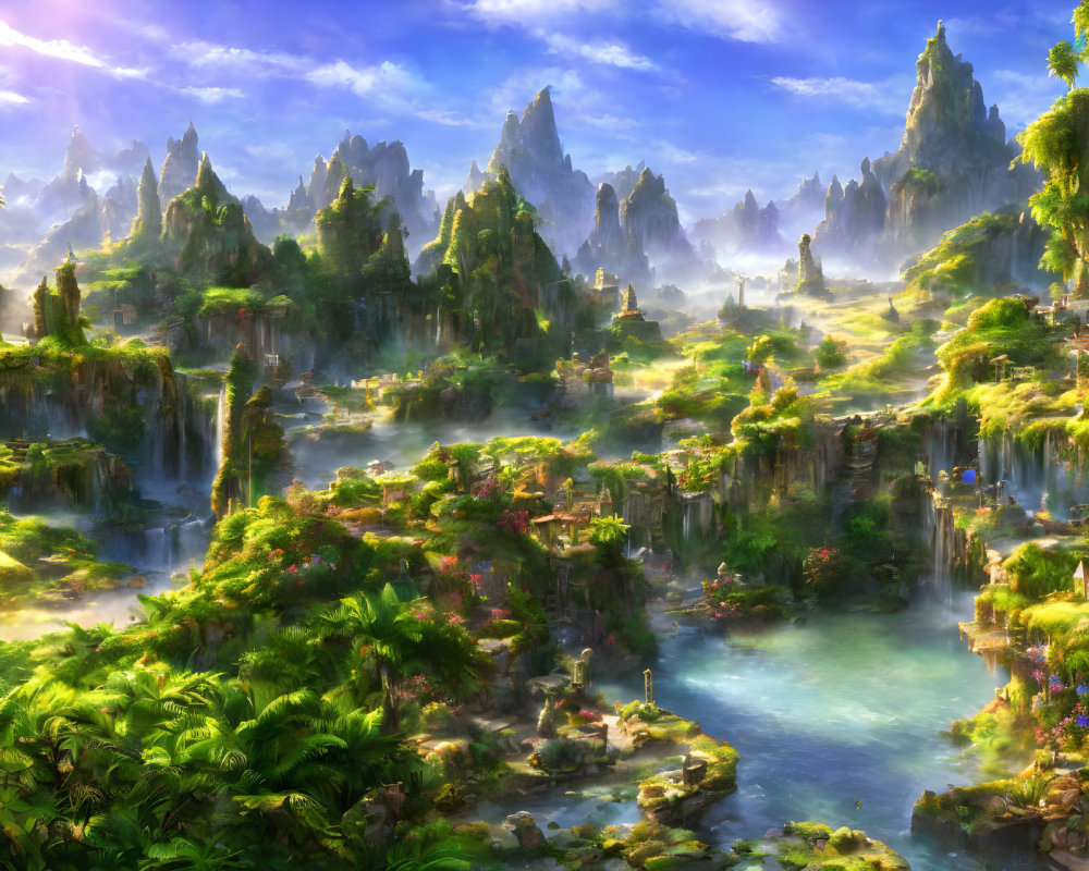 Fantasy landscape with waterfalls, greenery, rocks, and ruins