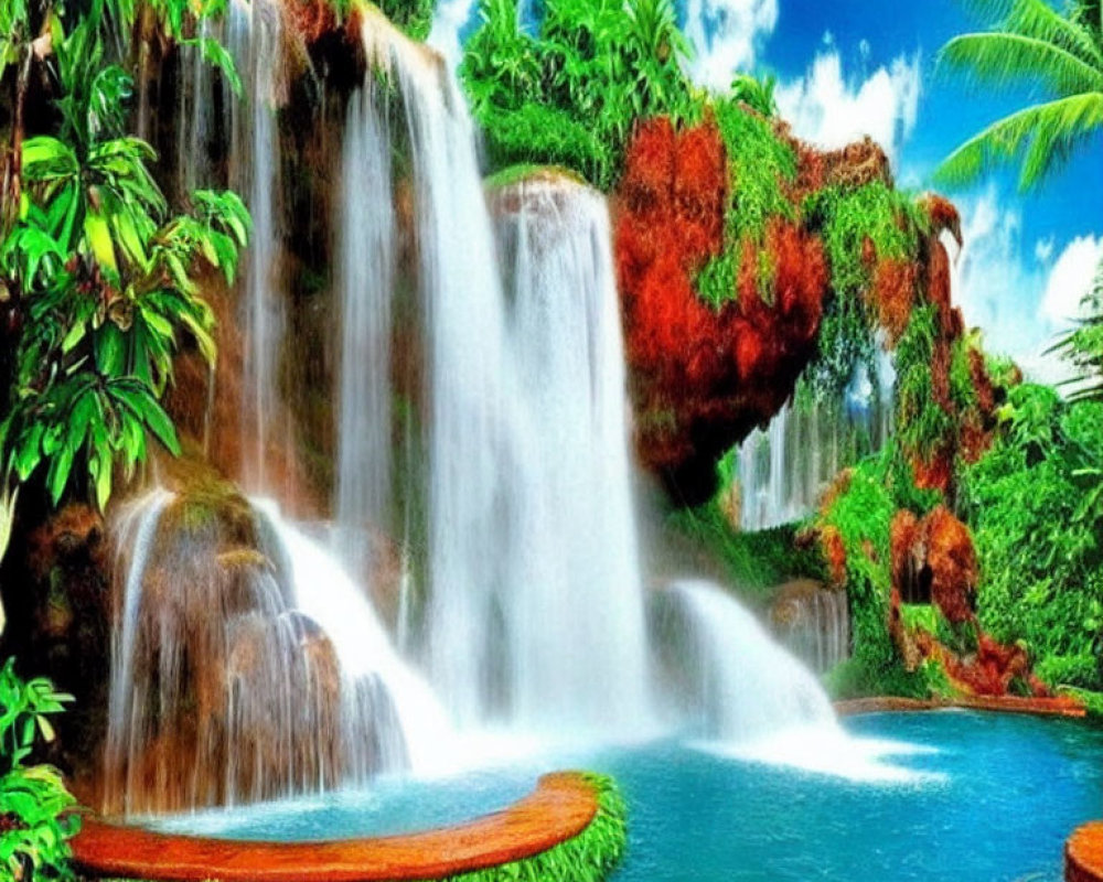 Tropical Waterfall Surrounded by Lush Greenery