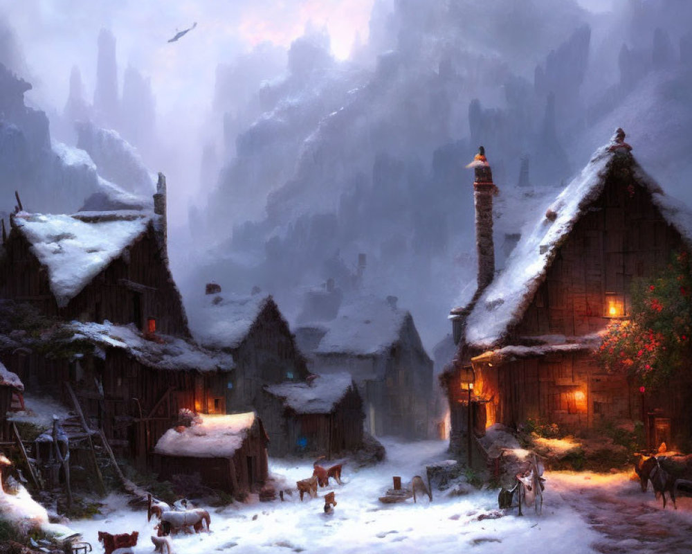 Snowy Village with Thatched Cottages and Mountainous Background at Dusk or Dawn