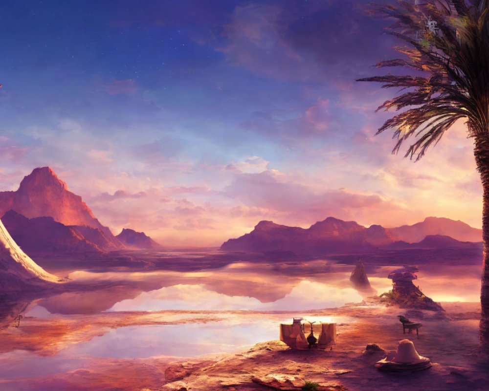 Serene Fantasy Landscape with Mountains, Water, and Cloaked Figure