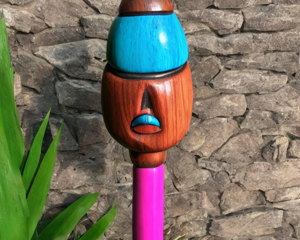 Colorful Wooden Totem Sculpture with Blue Top, Carved Face, and Purple Base on Stone