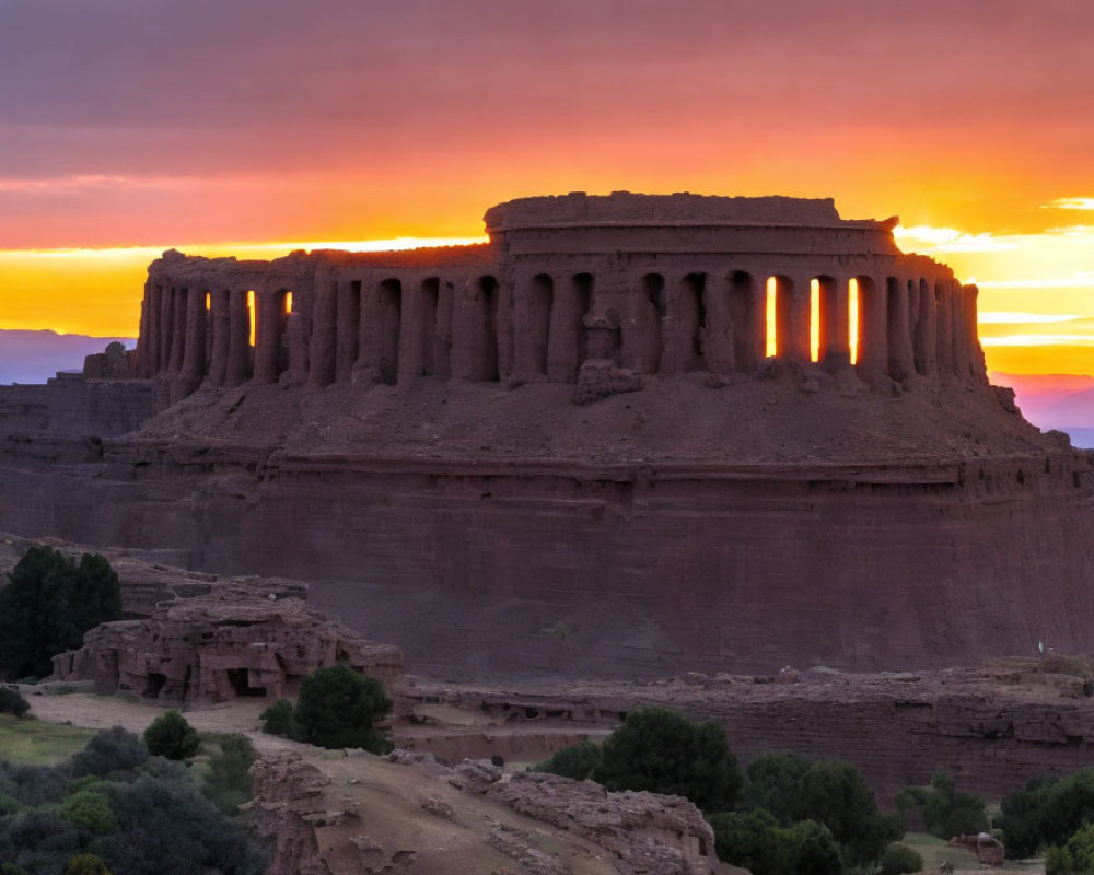 Ancient ruins on plateau against vibrant sunset sky