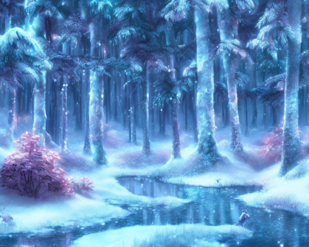 Snow-covered trees in enchanted winter forest with tranquil stream and soft purple-blue glow.