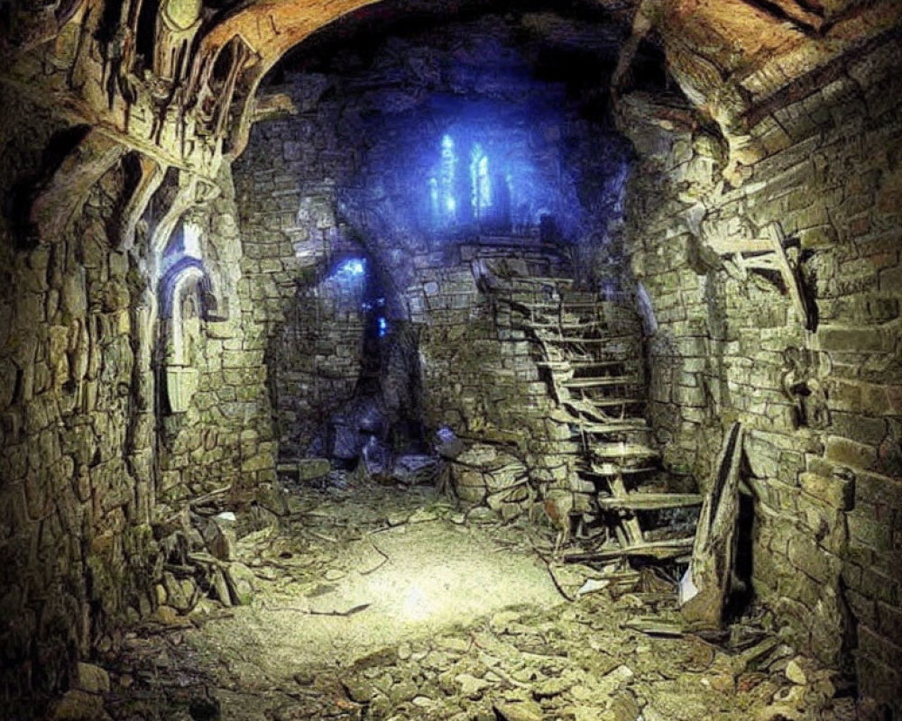 Underground Stone Chamber with Skeleton, Staircase, and Blue Light