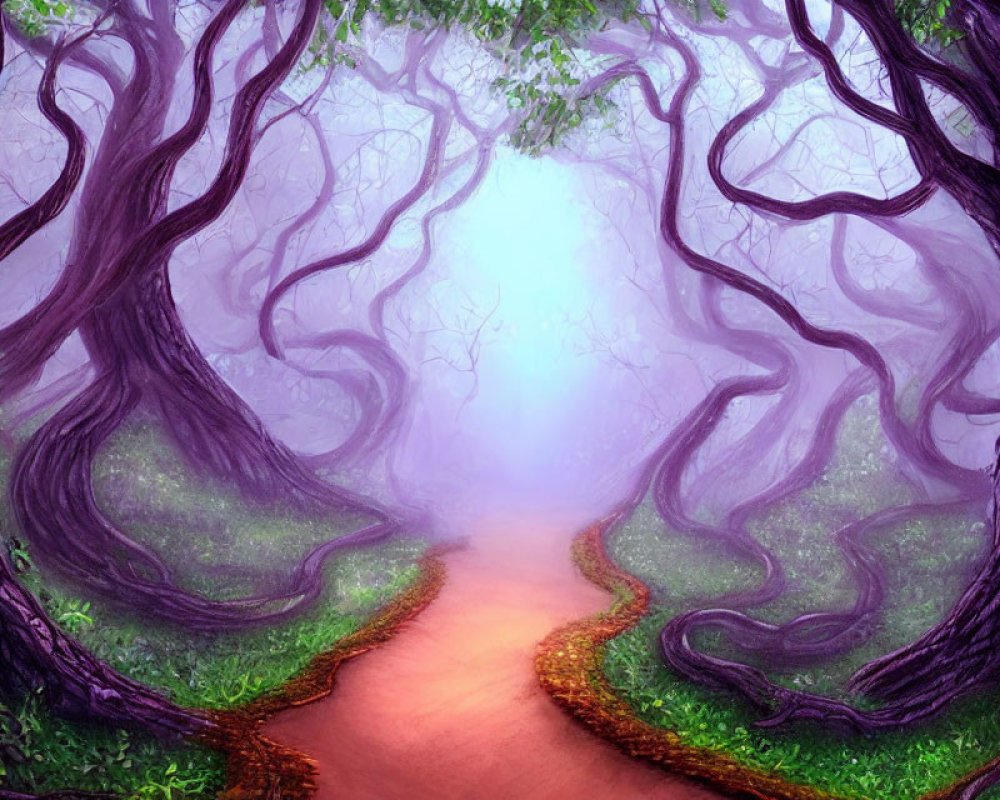 Enchanting forest pathway with purple twisted trees in soft fog