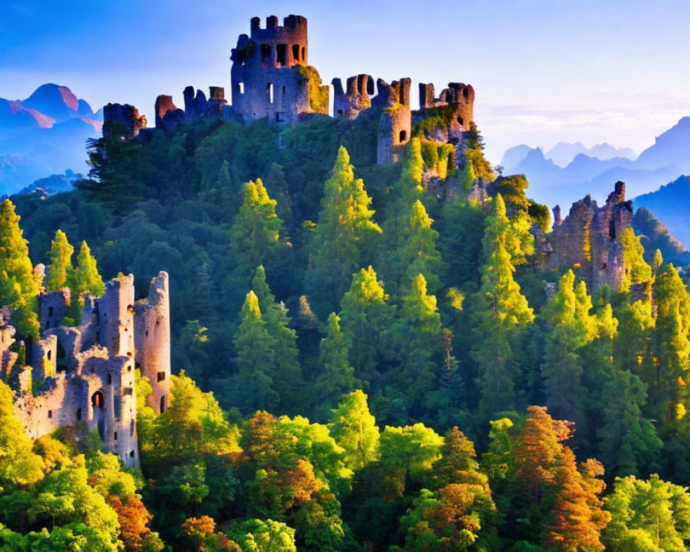 Ancient castle ruins on wooded hill with golden sunlight and green foliage