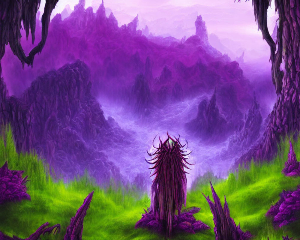 Mystical landscape with purple hues and alien-like flora