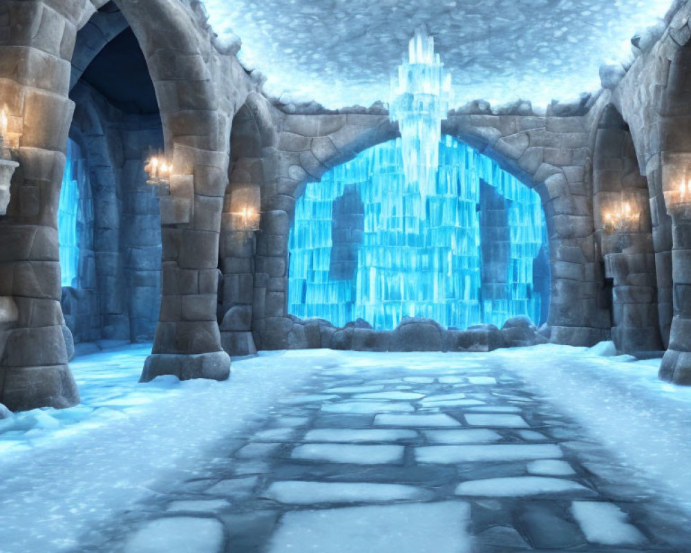 Frozen ice cave with arched entrance, glowing icicles, torches, and stone pathway