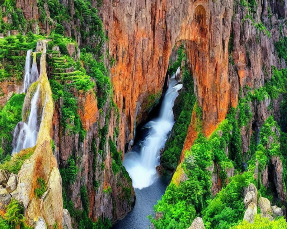 Scenic landscape with multiple waterfalls in rocky canyon