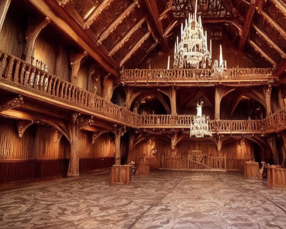 Elaborately carved wooden hall with chandeliers, vaulted ceiling, and ornate balcony.