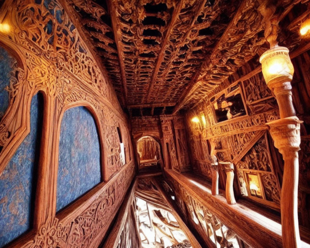 Grand historical room with intricately carved wooden walls and ceiling under warm ambient light