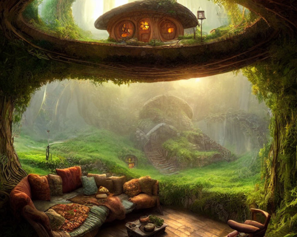 Fantastical indoor scene with lush forest view & hobbit-style house