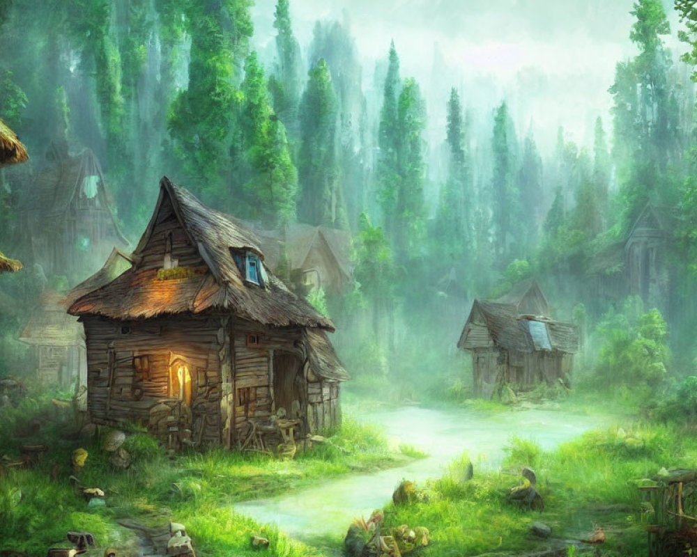 Enchanted forest village with rustic cottages and mystical ambiance