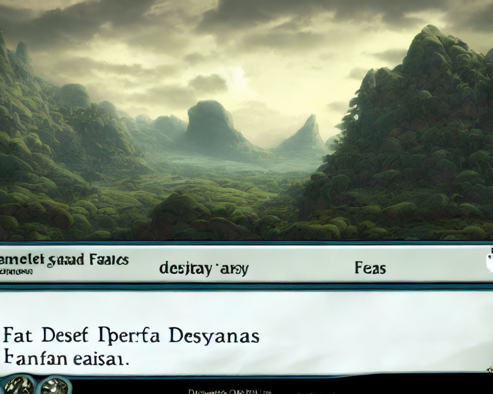 Fantasy landscape with misty mountains and exotic vegetation in fictional language