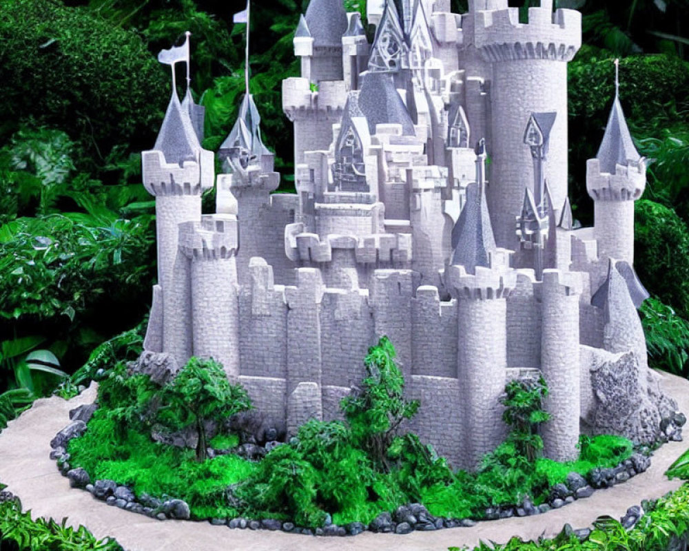 Detailed Fairytale Castle Model in Lush Green Landscape