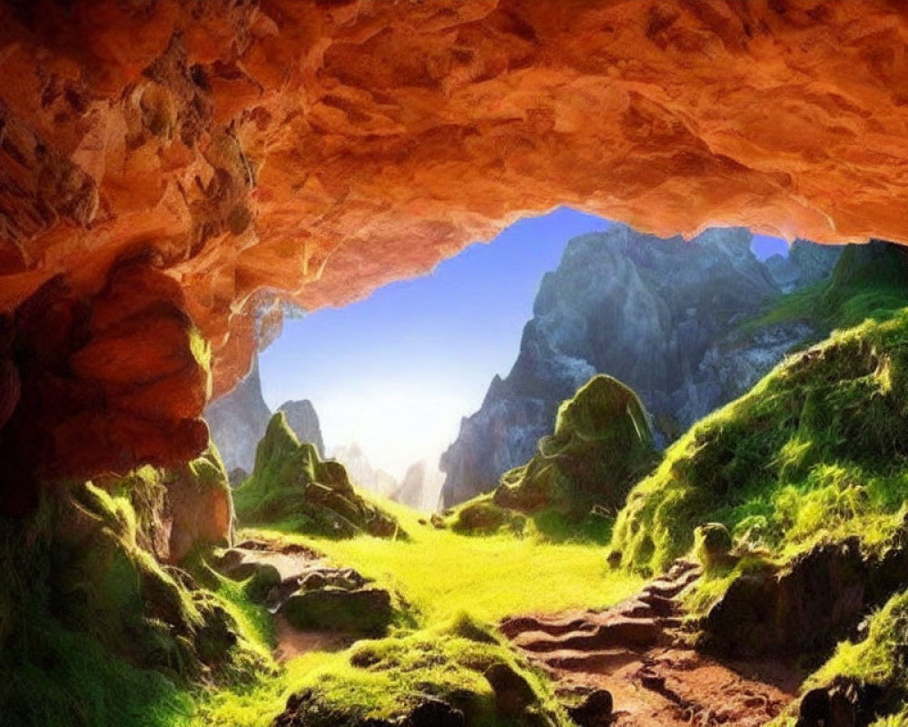 Colorful cave opening overlooking lush green valley under sunny sky