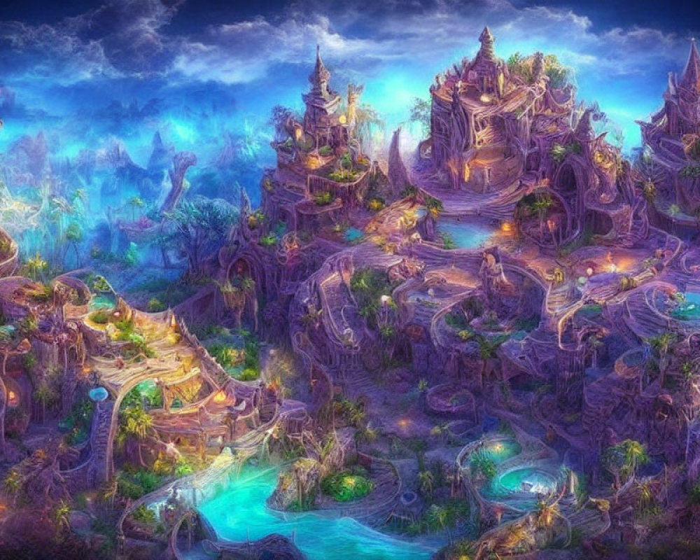 Vibrant fantasy landscape: intricate castles, meandering rivers, bioluminescent flora under