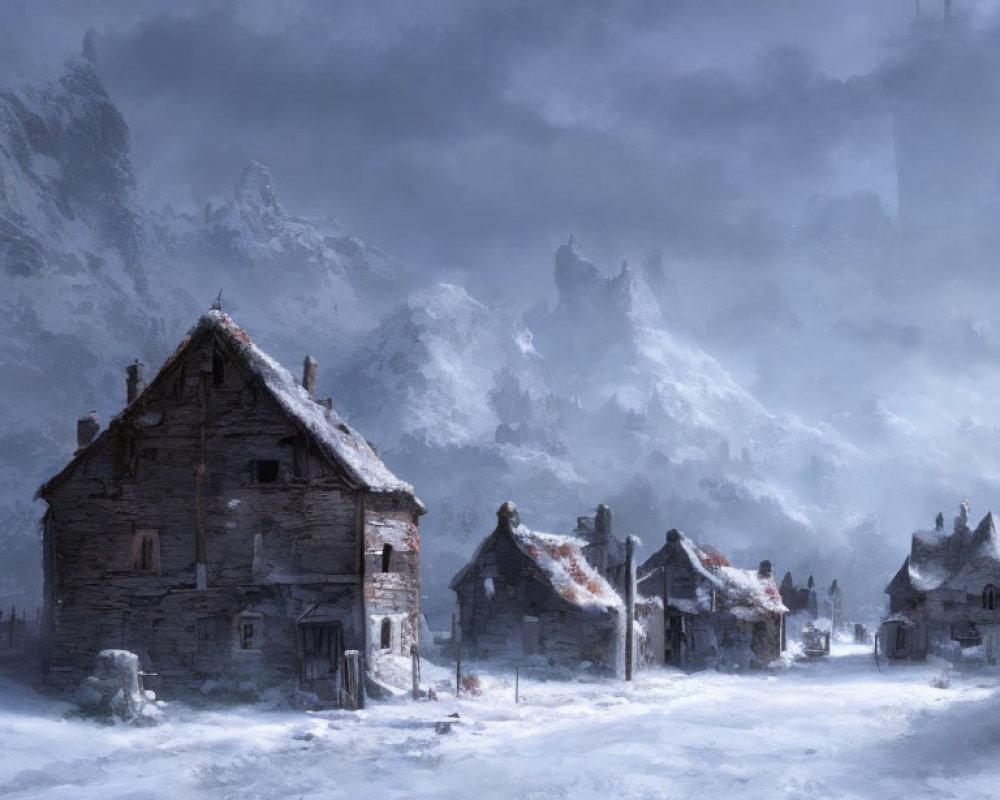 Snowy village with stone houses and mountainous backdrop in wintry haze