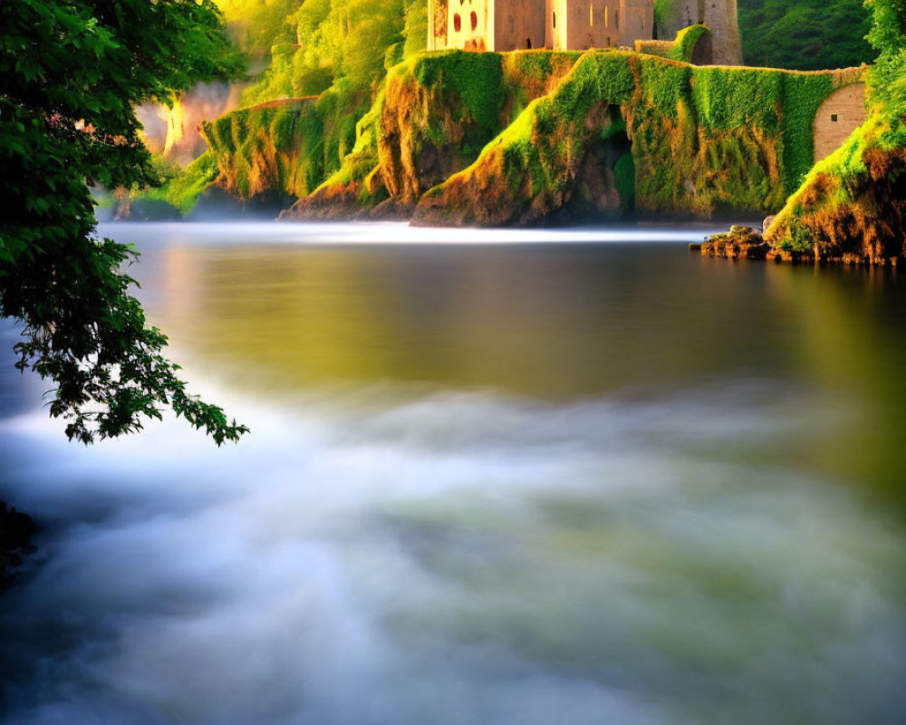 Tranquil river flows by lush greenery and ancient building