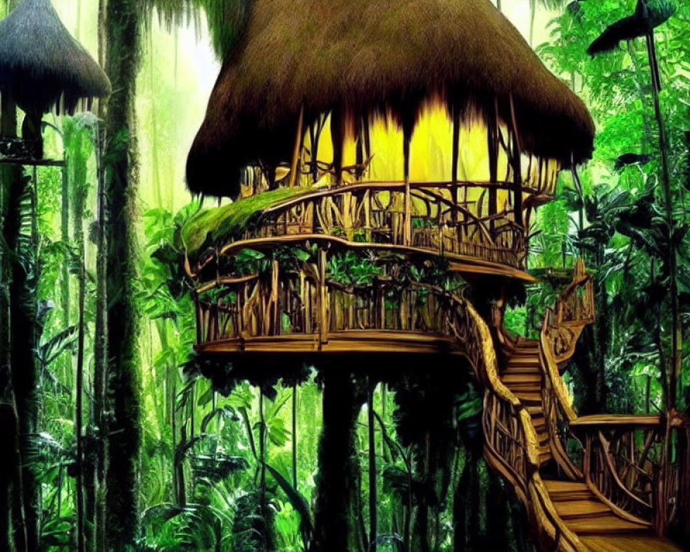 Thatched Treehouse with Lit Interior in Lush Jungle