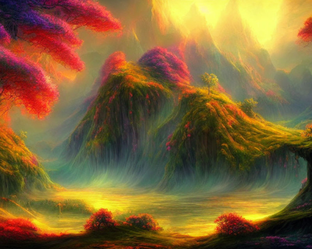 Colorful Fantasy Landscape with Flowering Trees and Green Hills