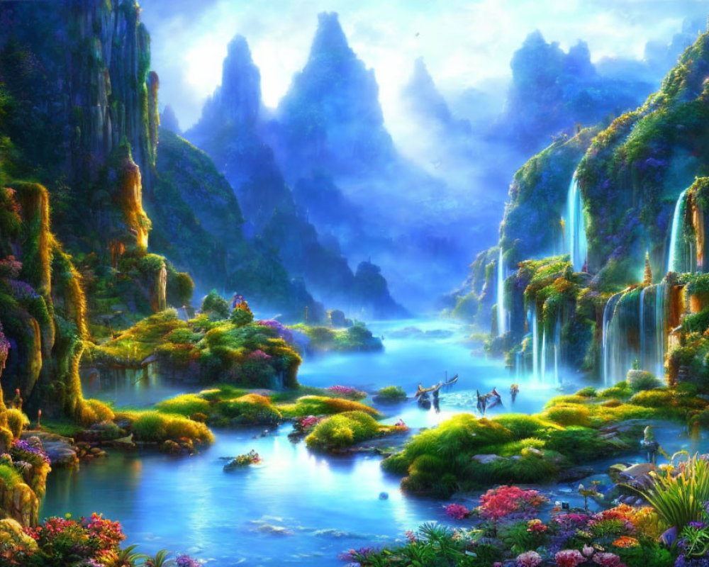 Tranquil fantasy landscape with lush greenery, waterfalls, misty mountains, and figures in