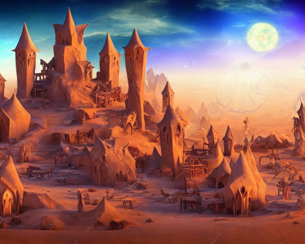 Fantasy desert city with tall spire-like buildings under a blue moon and starry sky