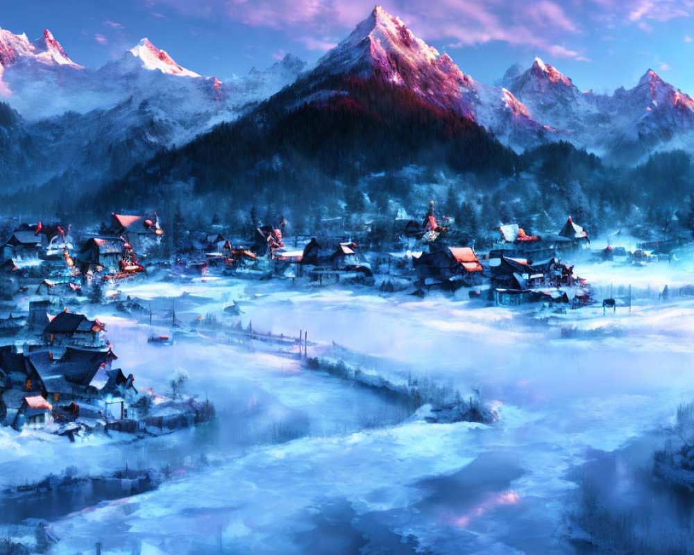 Snow-covered winter village at sunrise with misty frozen river