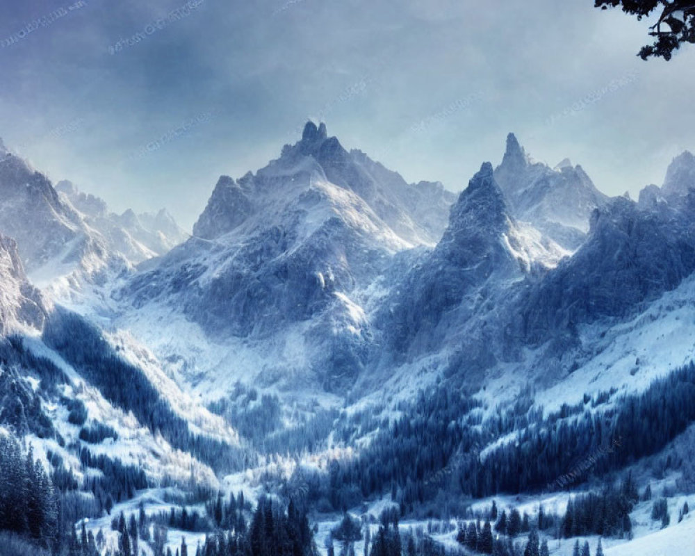 Snow-covered mountains and pine trees in hazy winter landscape