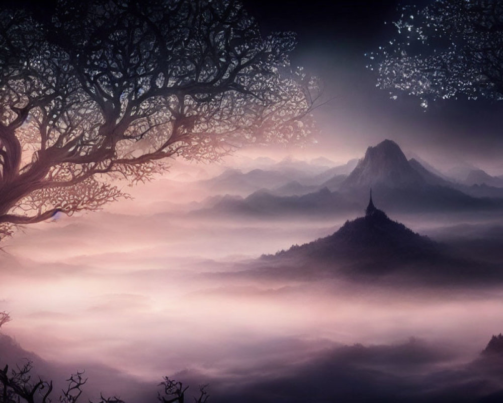 Mystical landscape with silhouetted trees, glowing butterflies, and fog-covered mountains