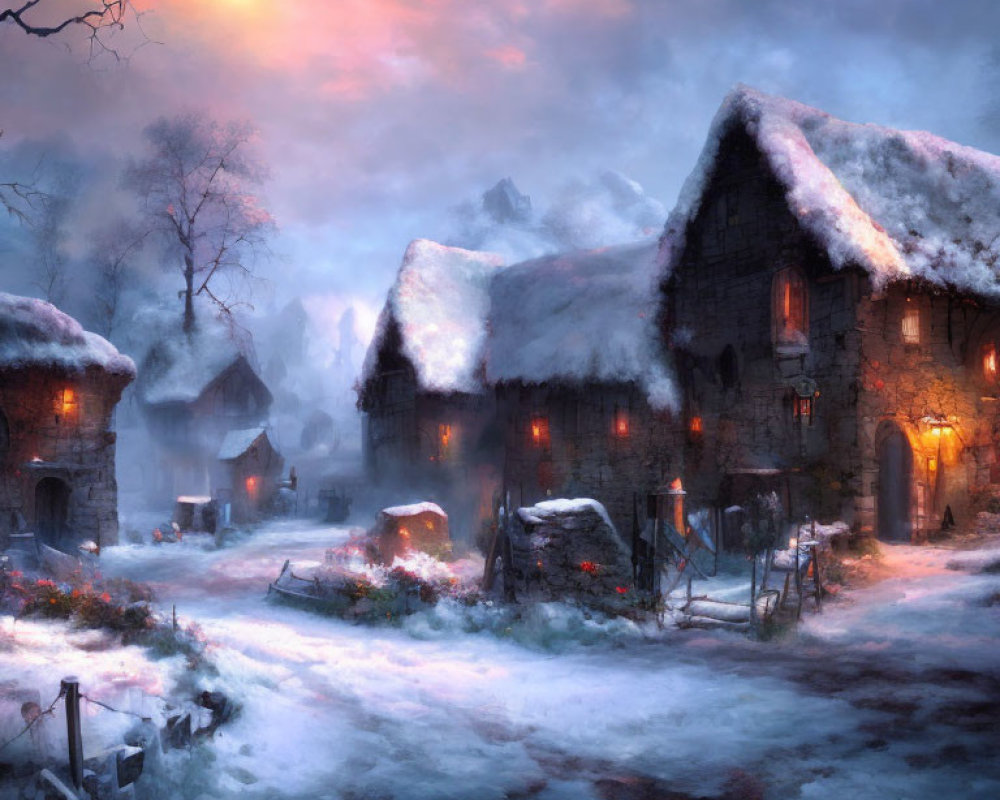 Snowy village scene at dusk with warmly lit cottages and glowing sunset