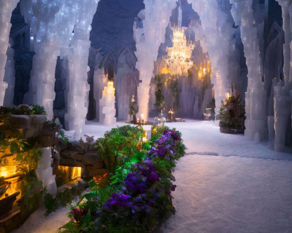 Vibrant flowers and glowing chandeliers in fantastical ice cave