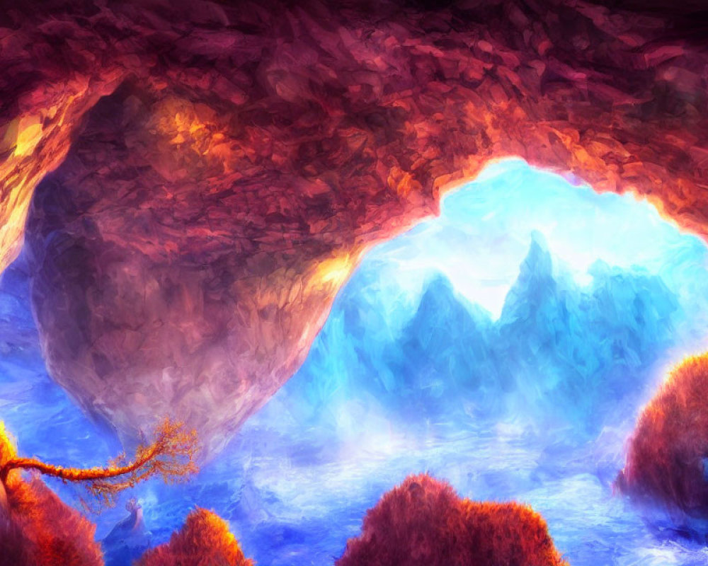 Colorful digital painting of mystical cave with blue lake and golden tree