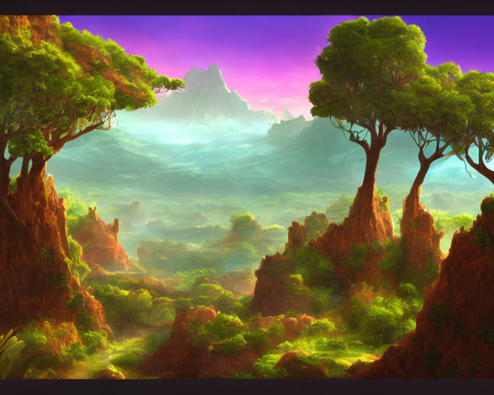 Fantasy landscape with towering trees, misty valleys, and distant mountains