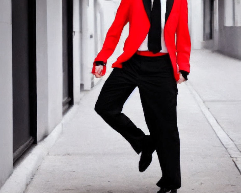 Stylish person in red blazer walking on city sidewalk