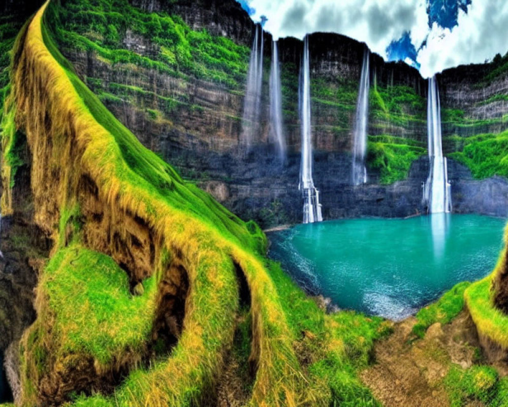 Scenic panorama of lush valley with cascading waterfalls into emerald lake