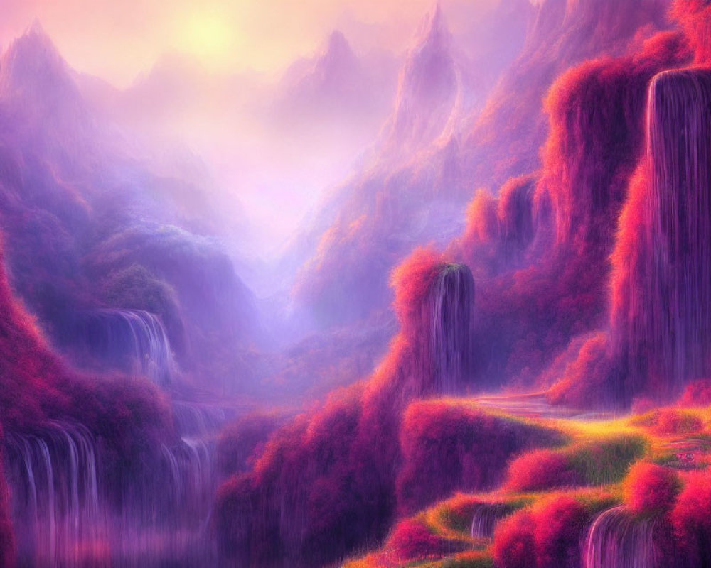 Majestic fantasy landscape with waterfalls, pink foliage, rivers, and misty mountains