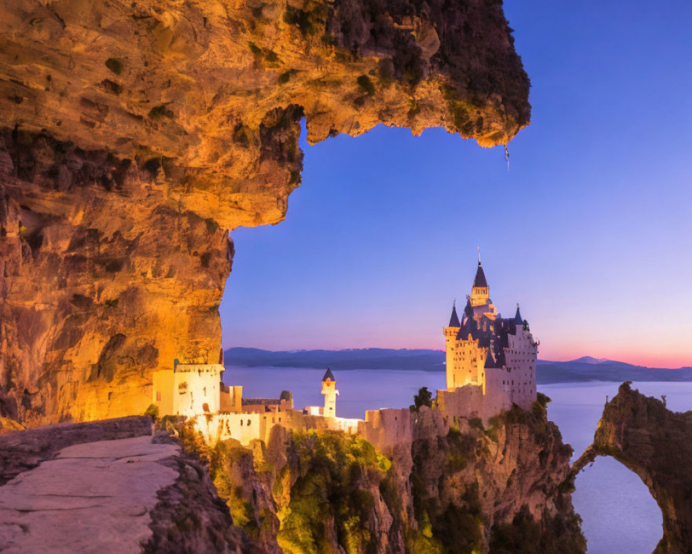 Fairytale castle at dusk framed by stone archway and blue sky