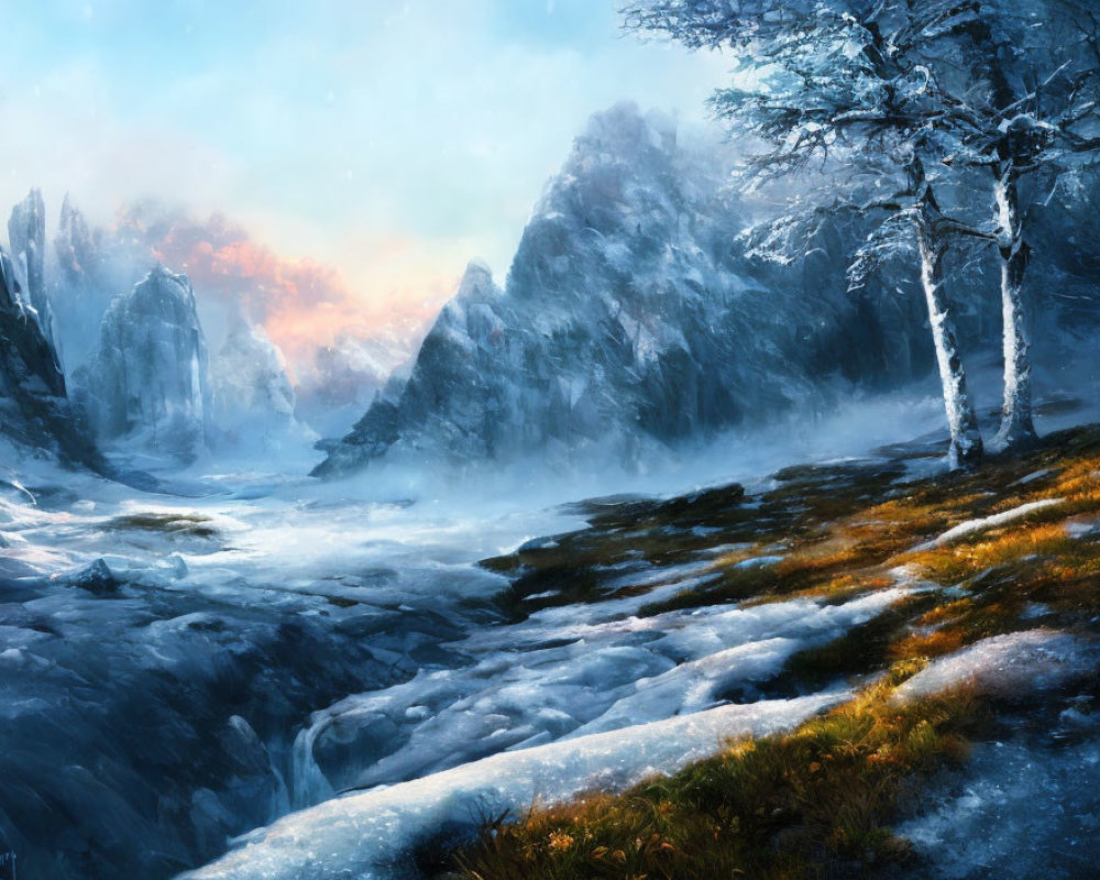 Snow-covered rocks, frosty trees, and frozen river in serene winter landscape