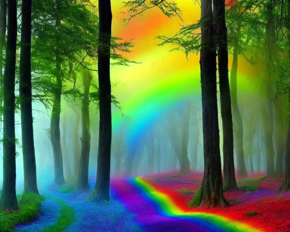 Vivid rainbow arches in misty forest with tall trees