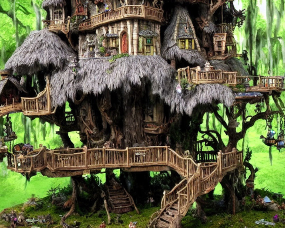 Fantastical multi-level treehouse with thatched roofs and wooden balconies