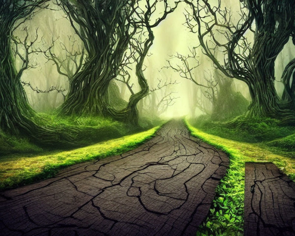 Enchanting forest path with gnarled trees and green moss under foggy light