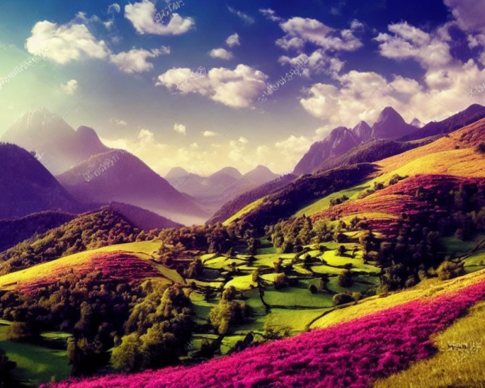 Scenic landscape with green fields, pink flowers, and mountains