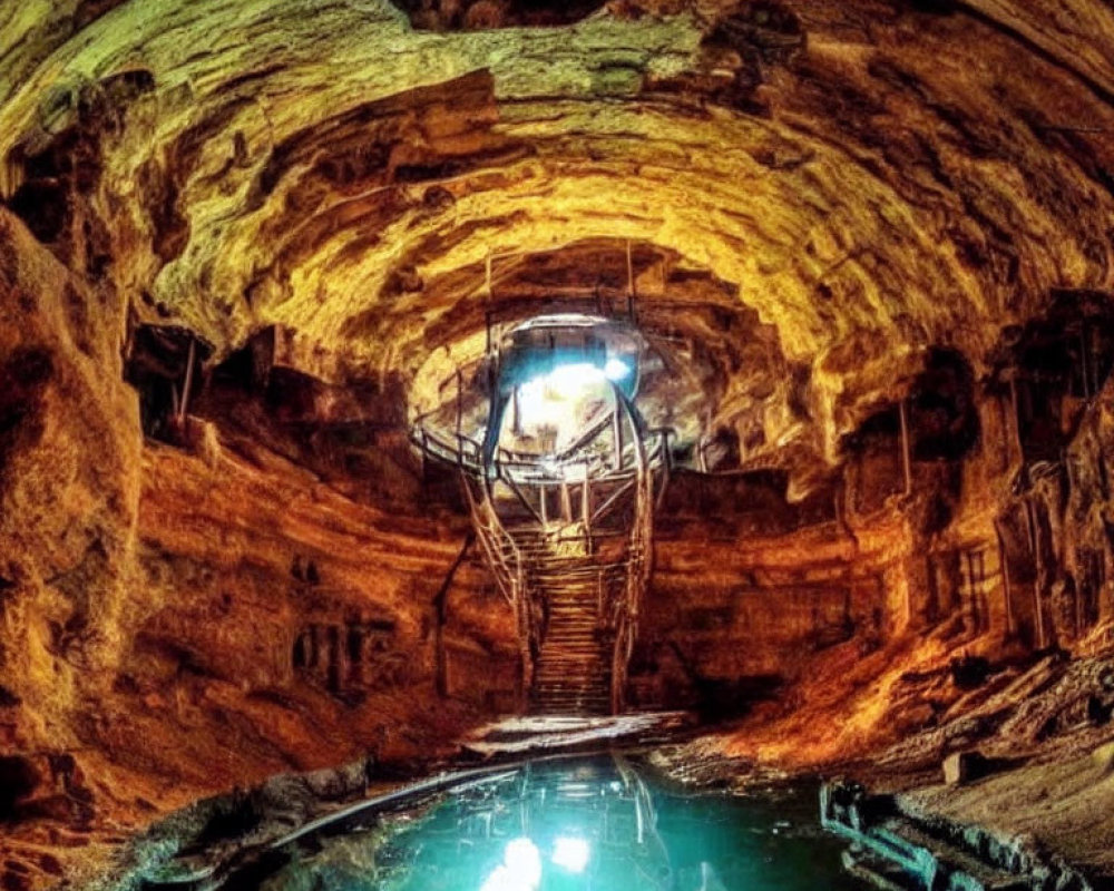 Illuminated underground cave with wooden staircase and still water body