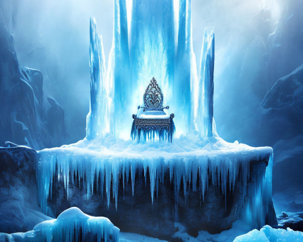 Ornate Throne Frozen in Ice Among Ice Spires