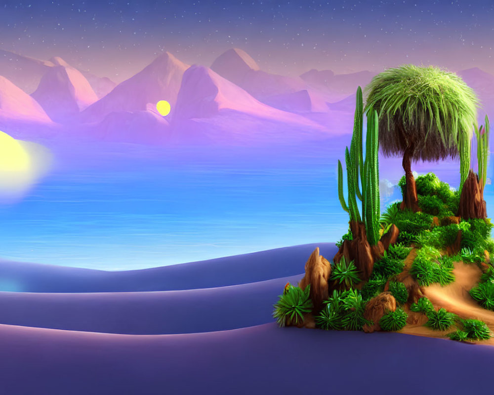 Digital art: Oasis in desert twilight with lush greenery, mountains, dusky sky